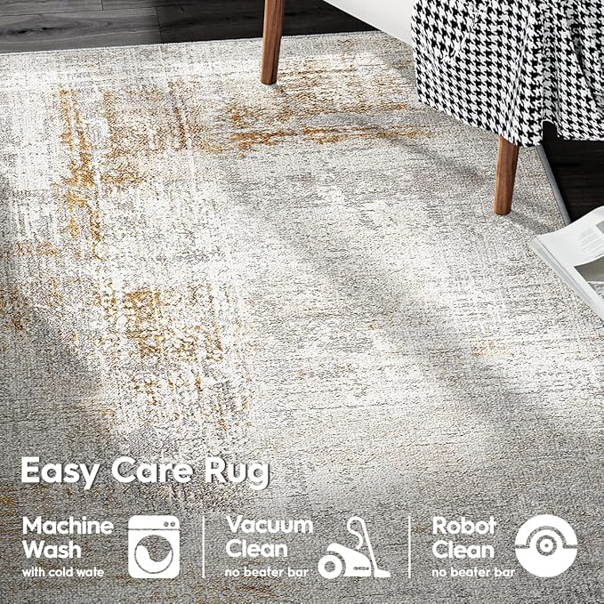 Eleisa Modern Abstract 2x8 Hallway Runner Rug, Gold & White, Non-Slip Washable Low Pile Rugs, Vintage Rug Hallway Indoor Carpet for Kitchen, Entryway and Laundry Room