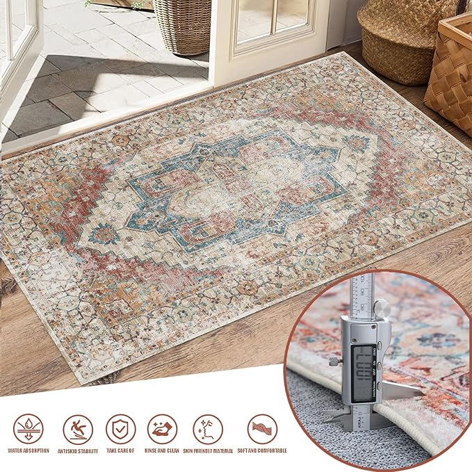 Yancorp 2'x3' Boho Throw Rug for Bedroom Non Slip Washable Rug Vintage Carpet Small Rug for Entrance Indoor Floor Mats Bedroom Kitchen Entryway Rug Bath Rug Orange