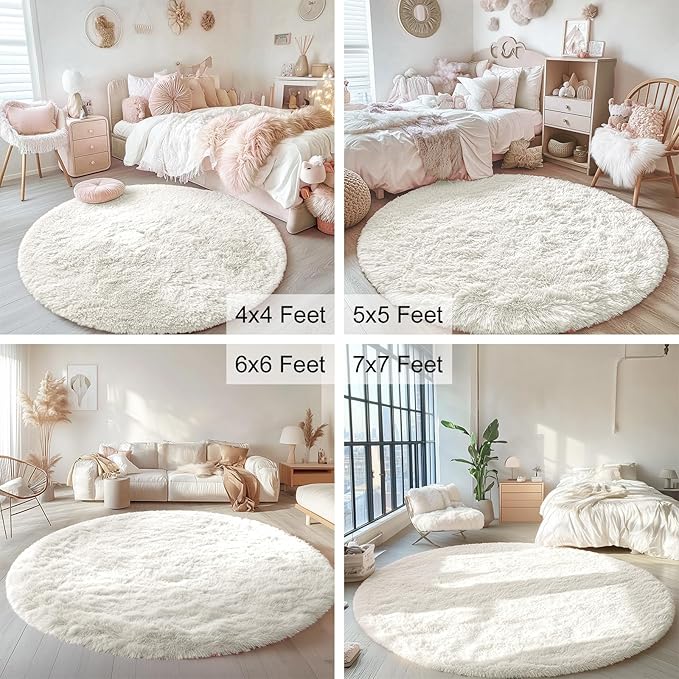 OLANLY Ivory Round Rugs for Bedroom - Machine Washable, 7x7 Feet Circle Area Rugs for Living Room, Soft and Fluffy Shaggy Carpet for Teen Girls and Boys, Dorms, Nursery Rooms, Home Decor Aesthetic