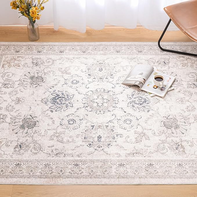 Phantoscope Vintage Collection Area Rug 5'x7' for Living Room - Washable Rug Large Boho Carpet Non-Slip for Bedroom Dining Room, Indoor Low-Pile Neutral Distressed Accent Rug, Beige/Neutral