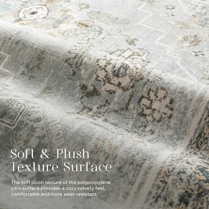 Phantoscope Hallway Runner Rug 2'x6' - Boho Washable Non-Slip Kitchen Rug Runner, Ultra-Thin Vintage Distressed Accent Throw Rug for Entryway Laundry Bathroom Bedroom, Grey/Dull Teal