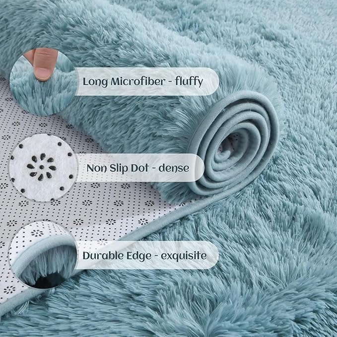 YJ.GWL Runner Rugs for Hallway, 2x4 Washable Small Teal Bedside Rugs for Living Room Bedroom, Soft Fluffy Shaggy Indoor Floor Carpet for Kids Boy and Girls Room Nursery Home Decor Aesthetic