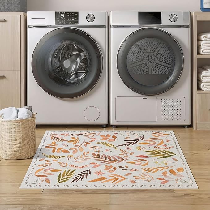 Syalife 3x5 Area Rugs, Non Slip Washable Low Pile Rugs for Living Room, Kitchen, Hallway, Bedroom Bedside, Kids Room, College Dorm (Orange Leafy, 3'x5')