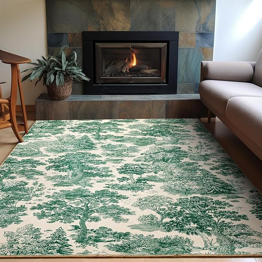 Vintage Botanical Entryway Rug Washable, Thin Pile Country Rustic Nature Plants 5x7 Indoor Rug Carpet Stain Resistant, Cute Green Woodland Forest Area Rug for Bedroom Dining Living Room Kitchen