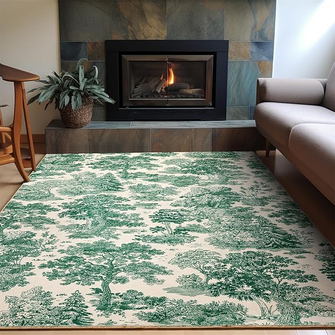 Vintage Botanical Entryway Rug Washable, Thin Pile Country Rustic Nature Plants 4x6 Indoor Rug Carpet Stain Resistant, Cute Green Woodland Forest Area Rug for Bedroom Dining Living Room Kitchen