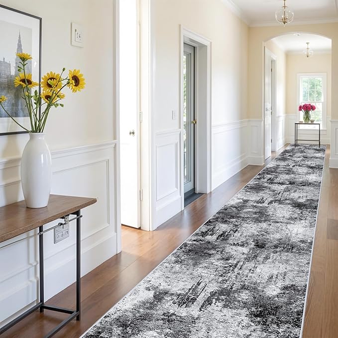 RUUGME Washable Hallway Rug 3x16 - Runner Rug Stain Resistant for Living Room Non Slip Indoor Entryway Rubber Backing Carpet Bedroom Kitchen Distressed Floor Decor Mat Machine Washable 3x16 Black A