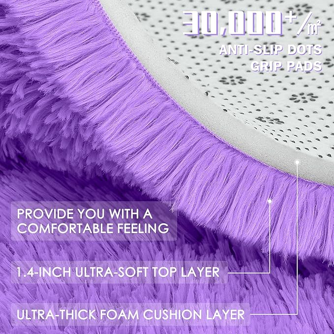 OLANLY Purple Round Rugs for Bedroom - Machine Washable, 6x6 Feet Circle Area Rugs for Living Room, Soft and Fluffy Shaggy Carpet for Teen Girls and Boys, Dorms, Nursery Rooms, Home Decor Aesthetic