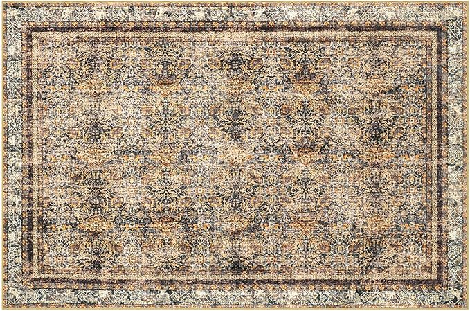 Phantoscope Vintage Collection Area Rug 5'x7' for Living Room - Washable Rug Large Boho Carpet Non-Slip for Bedroom Dining Room, Indoor Low-Pile Neutral Distressed Accent Rug, Dark Brown/Orange Spice