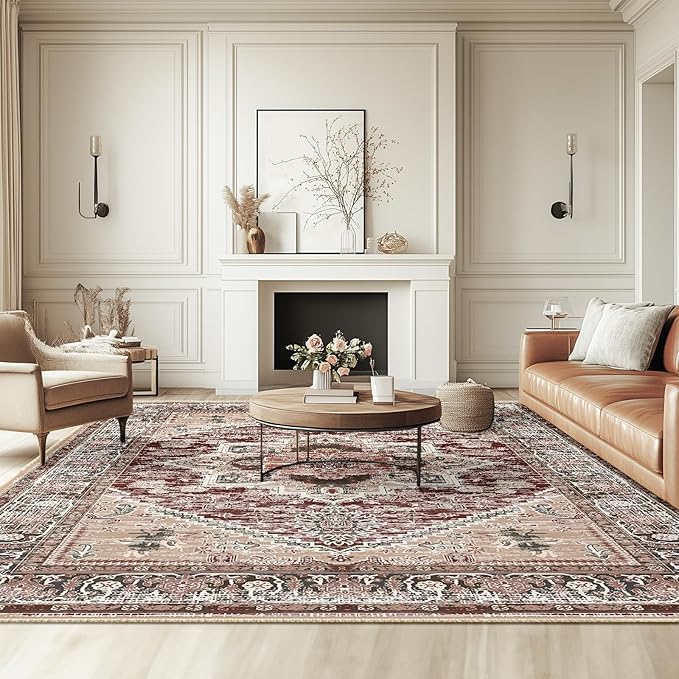 BESTSWEETIE 3x5 Area Rugs for Living Room Washable Non Slip Carpet Low Pile Soft Vintage Print Pattern Rug for Bedroom Dining Room Kitchen Entryway Indoor-Wine/Brown/Brick/Black/Light tan
