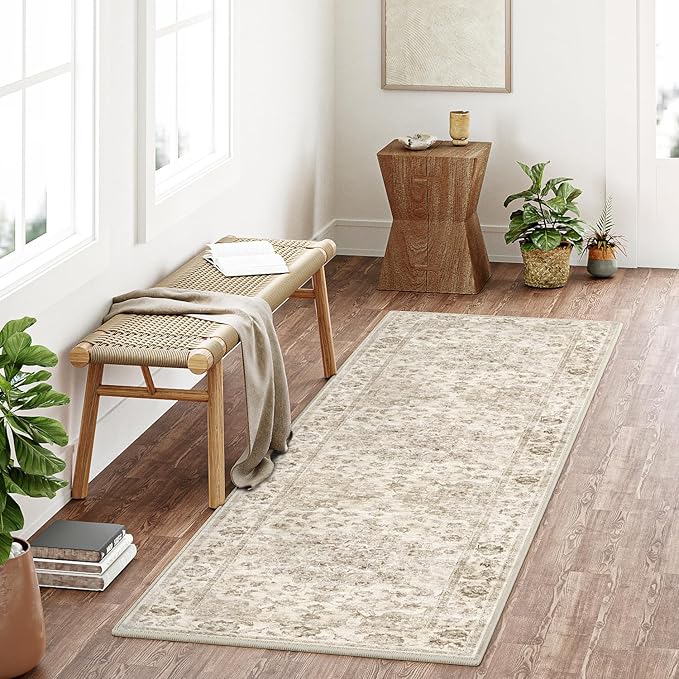 2x10 Washable Neutral Runner Rug Beige Hallway Kitchen Non-Slip Low Pile Floral Carpet Vintage Soft Thin Throw Rug for Bathroom Bedroom Entryway Laundry Dining Room