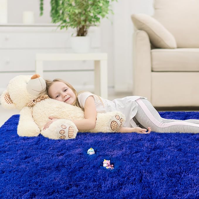 4x6 Area Rug for Bedroom, Blue Rugs for Living Room Nursery Kids Room Dorm Home Decor Aesthetic, Fluffy Shaggy Rug with 4 Anti-Slip Carpet Tapes, Navy Blue