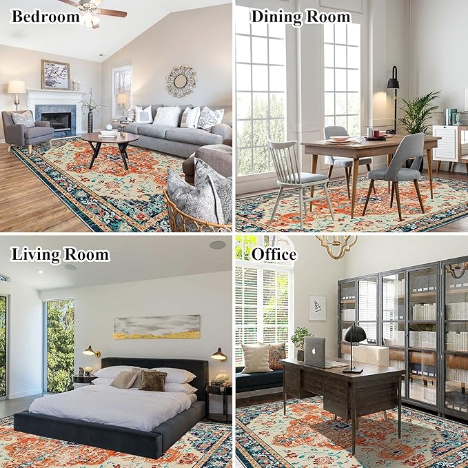 U'Artlines Boho Vintage Area Rug 8x10 Machine Washable Low Pile Soft Floor Carpet Non Slip Non Shedding Accent Rug for Living Room Bedroom Entryway Dining Room Office Orange/Multi