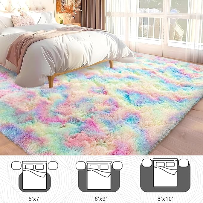 6x9 Rainbow Rug for Bedroom Girls, Large Fluffy Fuzzy Plush Shag Rug for Kids Room Nursery Living Room, Soft Cute Colorful Tie-Dyed Indoor Shaggy Carpet, Upgrade Non-Slip