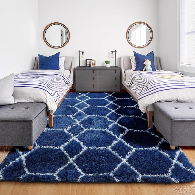 ONASAR Geometric Area Rugs 5x8 for Living Room, Fluffy Moroccan Navy and White Rug for Boys Bedroom Home Decor Aesthetic, Soft Shaggy Plush Floor Carpet for Kids Girls Teen Nursery Playroom Office
