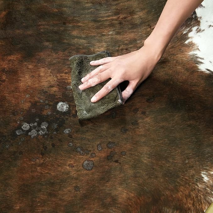 AROGAN 8x10 Faux Cowhide Area Rugs for Living Room, Animal Skins Cow Hide Rug for Bedroom, Cool Western Christmas Decor, Thin Leather Cow Hide Carpets Fireplace Rug, Saddle Brown