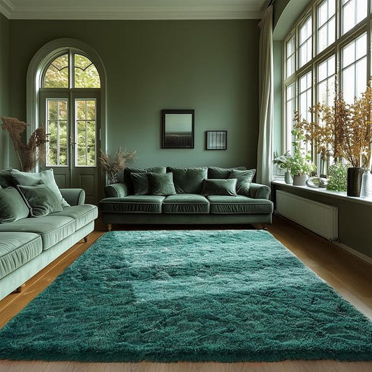 Zentavio Dark Green Area Rugs for Living Room Emerald Green Rugs for Bedroom 9x12 Fluffy Fake Grass Large Carpet for Kids Room Playroom Furry Shag Aesthetic Soft High Pile Washable Home Decor