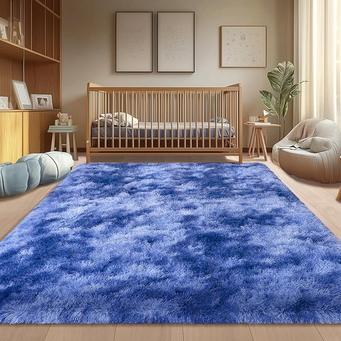 6x9 Large Blue Rugs for Bedroom Kids Boys Room, Soft Fluffy Shag Rug for Living Room, Non Slip Fuzzy Plush Carpet for Nursery Dorm Home Decor Aesthetic, Shaggy Indoor Floor Rug, Tie-dye Blue