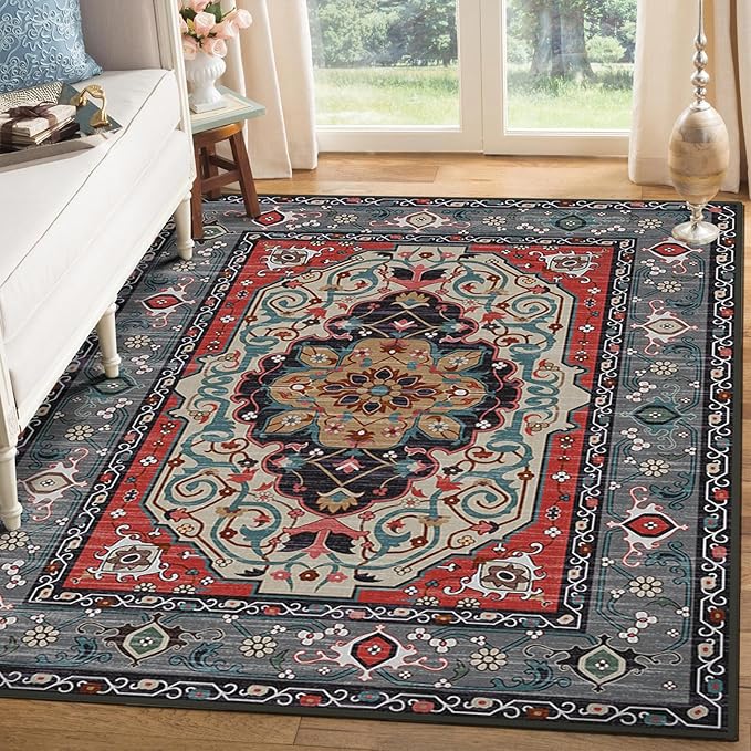 Washable Area Rugs 5'x7' Living Room, Non Slip Boho Vintage Low Pile Large Rugs for Living Room Stain Resistant for TribalBedroom, Farmhouse, Dining Room, Kids Playroom