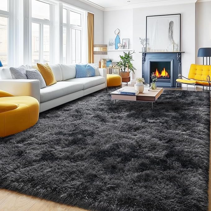 Large Area Rugs for Living Room, 9x12 Feet Tie-Dyed Black Grey Shaggy Fluffy Throw Carpets, Ultra Soft Plush Modern Indoor Fuzzy Rugs for Bedroom Kids Room Nursery Dorm Home Decor