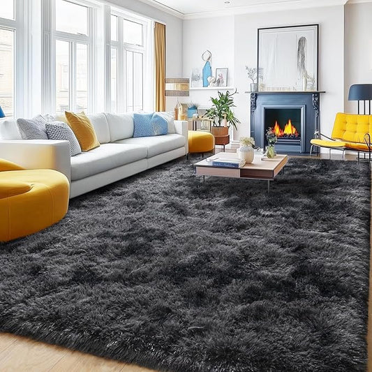 Large Area Rugs for Living Room, 9x12 Feet Tie-Dyed Black Grey Shaggy Fluffy Throw Carpets, Ultra Soft Plush Modern Indoor Fuzzy Rugs for Bedroom Kids Room Nursery Dorm Home Decor