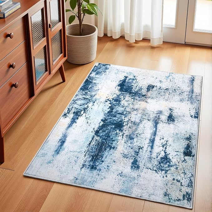 Washable Abstract Rug, 2x3 Small Modern Area Rugs with Non-Slip Rubber Backed for Kitchen, Thin but Soft Throw Carpet Bedroom Entryway Front Door Decor, Blue White