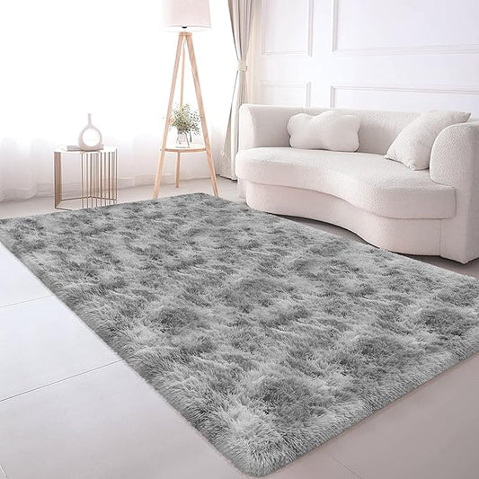 5x8 Ft Light Grey Large Area Rugs for Bedroom,Fluffy Furry Rug Floor Carpets Shaggy Playing Mat for Kids Baby Girls Room Nursery Home Decor Tie Dyed Gray Thick Rugs Fuzzy Home Decor