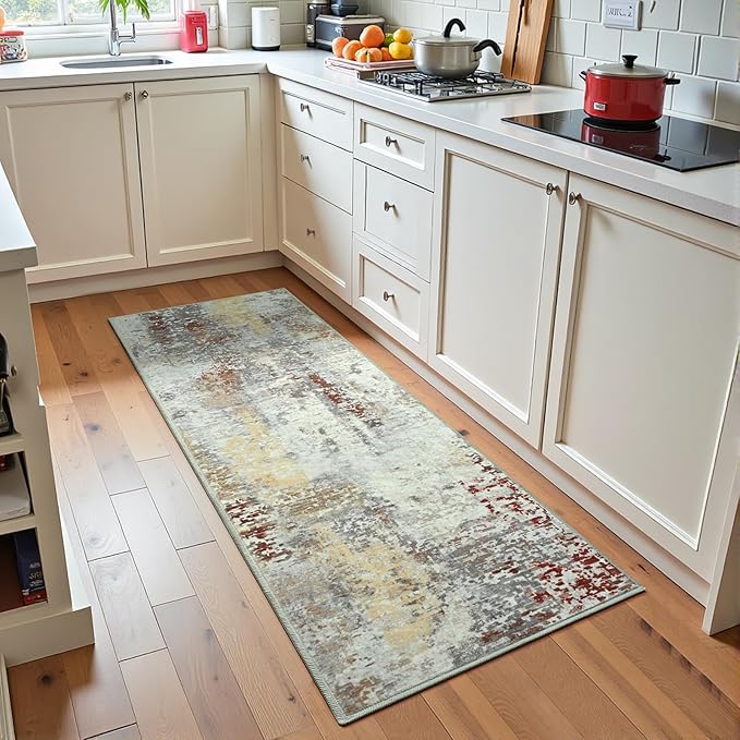 Washable Runner Rug for Bedroom, Abstract Non-Slip Soft Entryway Rugs, Tan Modern Low Pile Stain Resistant 2x6 Carpet for Entryway, Kitchen, Hallway, Bedside