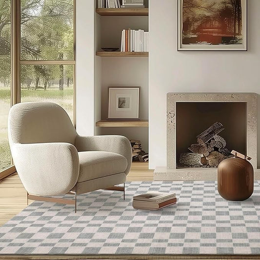 EVERGRACE Checkered Plaid Area Rug 5x7, Soft Fuzzy Faux Wool Rugs Washable Anti Slip Rugs Large Rug Carpet for Entryway Bedroom Living Room Hallway Kitchen Dining Room and Laundry Room, Light Gray