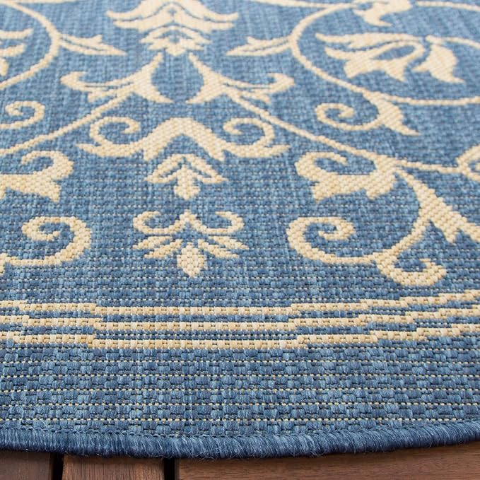 SAFAVIEH Courtyard Collection 7'10" Round Blue / Natural CY2098 Scroll Indoor/ -Outdoor Waterproof Easy -Cleaning Patio Backyard Mudroom Area -Rug