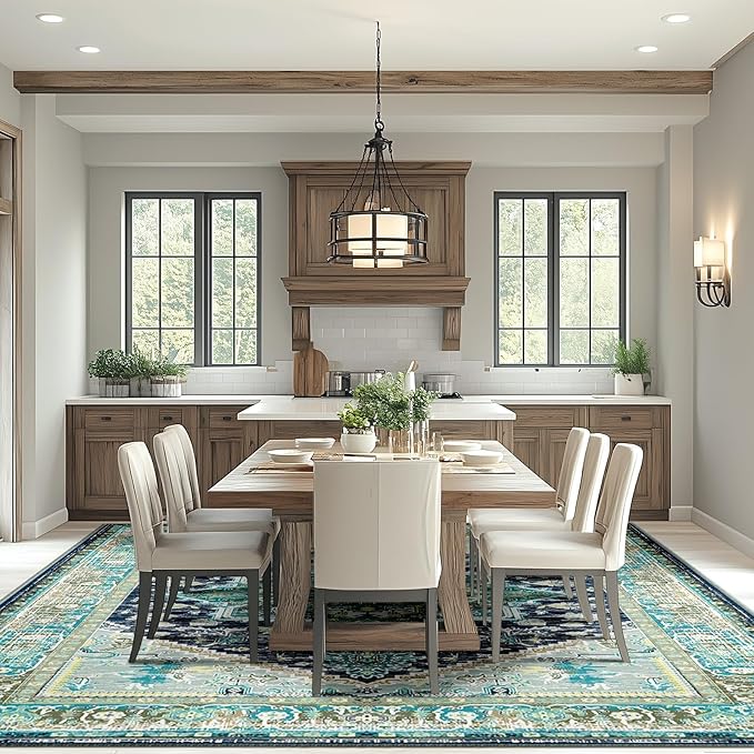 BESTSWEETIE 3x5 Area Rugs for Living Room Washable Non Slip Carpet Low Pile Soft Vintage Print Pattern Rug for Bedroom Dining Room Kitchen Entryway Indoor-Teal/Navy/Green/Yellow