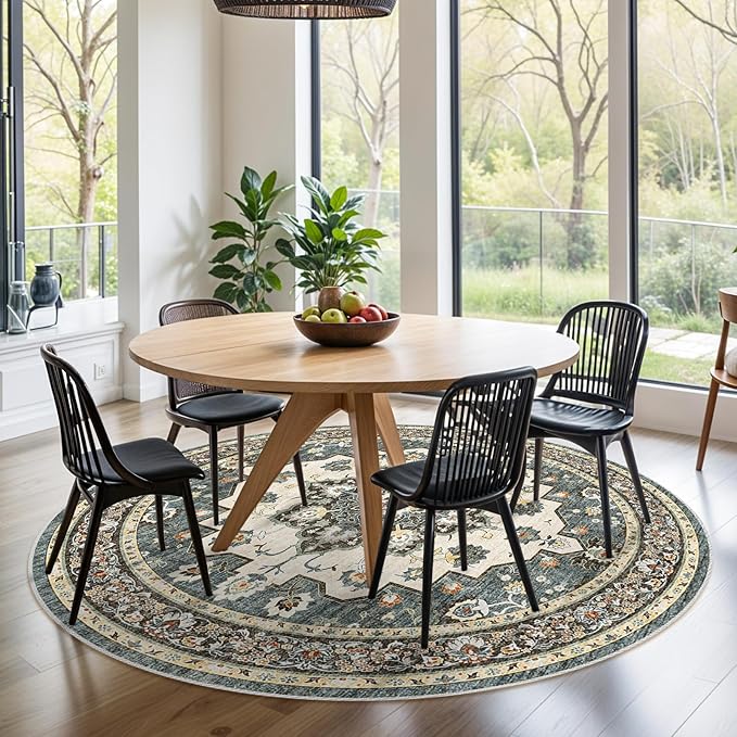 Washable Oriental Area Rug - 9ft Round Rugs for Living Room Soft Carpet for Bedroom Waterproof Floral Distressed Indoor Stain Resistant Non-Shedding Floor Carpets (Blue, 9ft-Round)