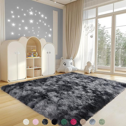 4x6 Rugs for Living Room, Large Fluffy Area Rugs for Bedroom, Soft Carpet Shag Kids Rug with 4 Non-Slip Rug Pads (Black Grey Tie-Dyed, 4ft x 6ft)
