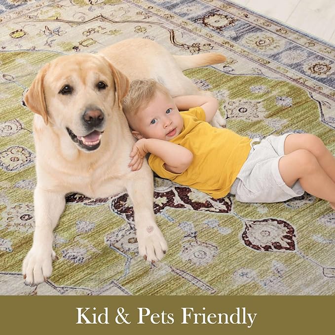 Vintage 3x5 Rug, Entryway Rug with Non Slip Backing, Soft Washable Area Rug for Indoor Entry, Low Pile Stain Resistant Non-Shedding Carpet for Bedroom, Living Room, Entryway, Green