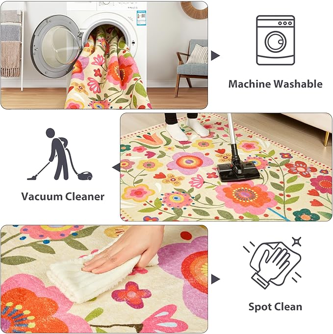 Washable Boho Floral Rugs Thin Pile, Cute Aesthetic Vintage Hippie Bedroom Rugs Colorful Rose Pink Bright Trendy Indie Dorm Carpet, Country Flowers 4x6 Area Rug for Dining Living Room Entryway Kitchen