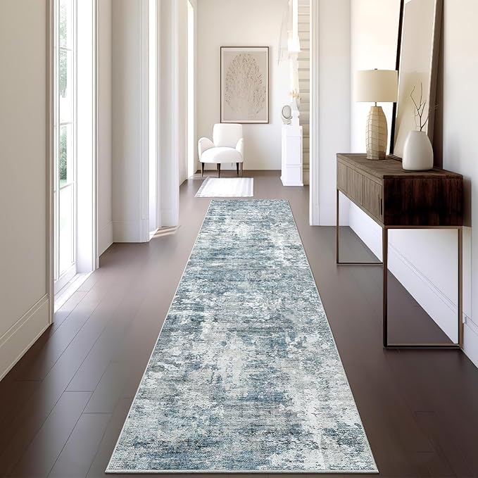 Runner Rug 2'x10' Abstract Washable Non-Slip Runner Rugs for Kitchen Bathroom Laundry Room Blue Vintage Floor Carpet Runners for Hallway Entryway