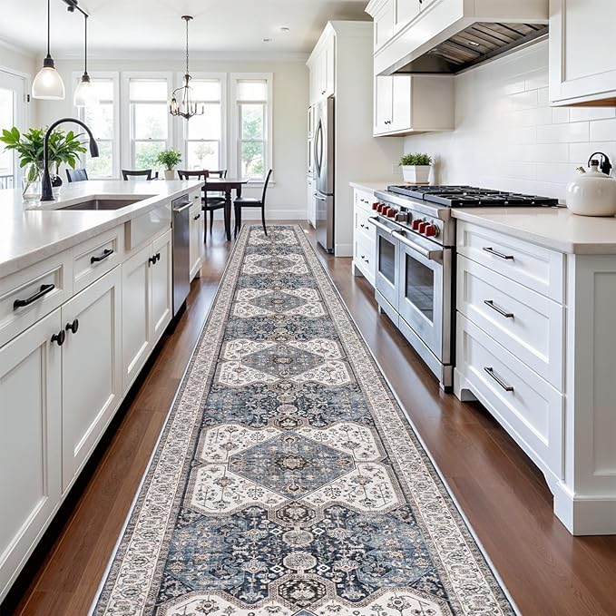 RUUGME Washable 3x20 Runner Rugs - Hallway Runner Rug for Living Room Stain Resistant Carpet with Non Slip Backing Vintage Rugs for Bedroom Kitchen Floor Decoration Mat 3x20 Navy