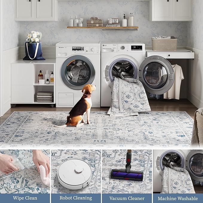 jinchan Runner Rug 2x12 Long Hallway Runner Rug Thin Vintage Washable Kitchen Carpet with Rubber Backing Floral Print Floor Cover Indoor Laundry Room Bedroom Stairway (2x12ft,Blue)