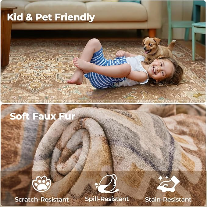 Kokia Washable Area Rugs Boho Non Slip Stain Resistant Thin Carpet Vintage Brown Printed Oriental Distressed 6x9 Rug for Living Room Bedroom Low Pile