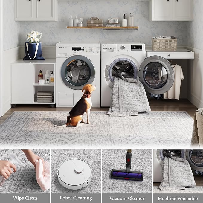 jinchan Area Rug 2x3 Ultra-Thin Door Mat Washable Vintage Boho Geometric Entryway Rug Non-Slip Non-Shedding Carpet for Bathroom Bedroom Laundry Room Grey Ivory
