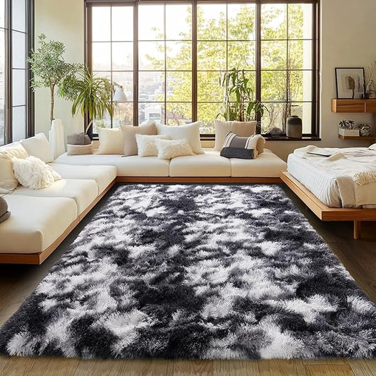 Fluffy Rug for Living Room Shaggy Soft Area Rug High Pile Fuzzy Rug Non-Slip Indoor Floor Carpet Plush Area Rugs for Living Room Tie Dye Black White 6x9