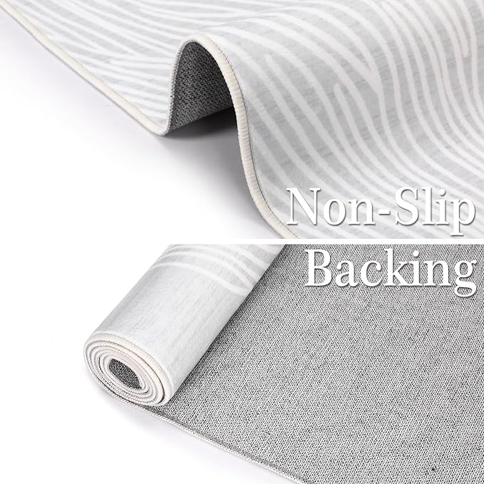 Modern Abstract Entryway Rug 2x6 - Grey/White Washable Soft Faux Wool Contemporary Lines Non-Slip Low Pile Indoor Runner