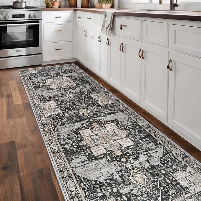 RUUGME Hallway 3x10 Runner Rug - Washable Rugs with Non Slip Backing Ultra Thin Stain Resistant Carpet for Kitchen Living Room Bedroom Vintage Tribal Rugs for Floor Decoration Mat 3x10 Black