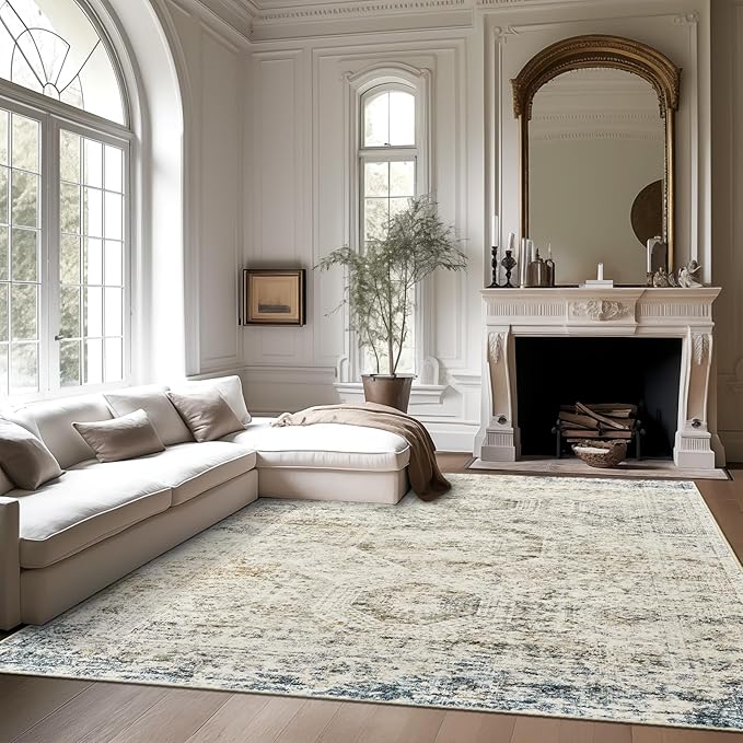 10x14 Area Rugs for Living Room, Non Slip Machine Washable Vintage Rugs, Low Pile Lightweight Large Rug for Bedroom, Dining Room, Home Office Blue Ivory