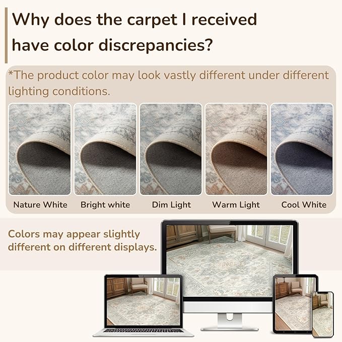 BESTSWEETIE 9x12 Area Rugs for Living Room Washable Non Slip Carpet Low Pile Soft Vintage Print Pattern Rug for Bedroom Dining Room Kitchen Entryway Indoor-Light Taupe/Brown