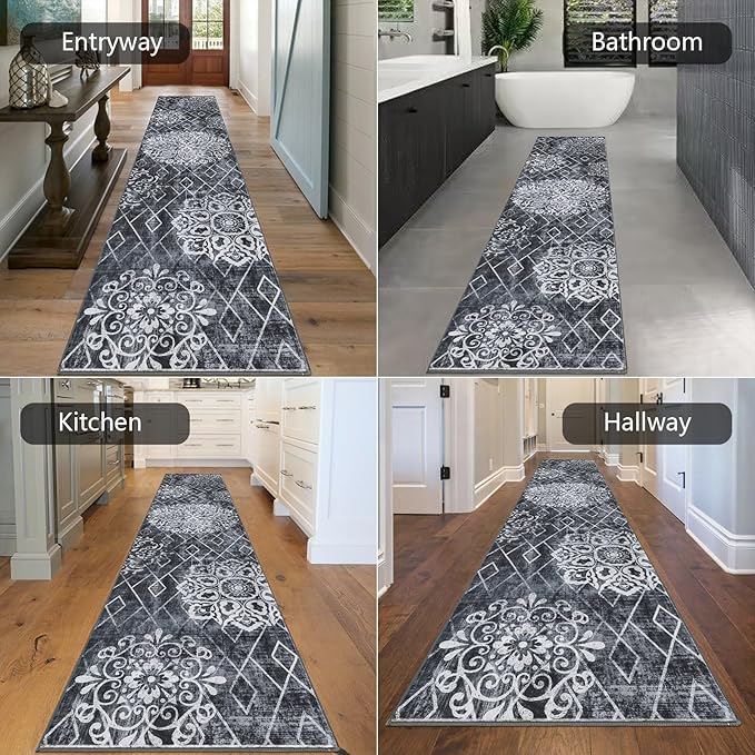 HEBE Hallway Runner Rug 2'8''x12' Washable Vintage Distressed Area Rugs Non Slip Laundry Rug Runner Boho Floor Carpet Runners for Hallways Entryway Laundry Room Kitchen Bathroom