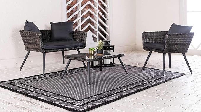 Unique Loom Outdoor Border Collection Area Rug - Multi Border (7' x 10' Rectangle, Gray/ Black)
