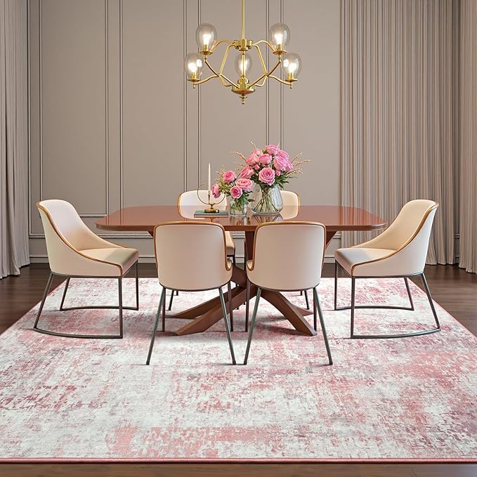 3x5 Pink Washable Area Rug for Living Room Bedroom, Modern Abstract Non-Slip Rugs, Low Pile Soft Stain Resistant Carpet for Dining Room, Kitchen, Office, Dorm, Bedside Decor