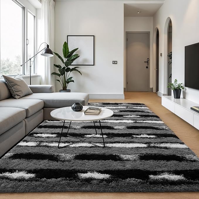 Zentavio Area Rugs for Living Room Large Rugs for Bedroom 5x8 Carpet Fluffy Fuzzy Soft Shag Aesthetic Plush High Pile Throw Rug for Nursery Kids Room Dorm Vertical Stripes Black White