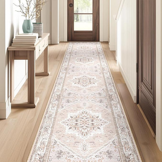 BESTSWEETIE 2x10 Area Rugs for Living Room Washable Non Slip Carpet Low Pile Soft Vintage Print Pattern Rug for Bedroom Dining Room Kitchen Entryway Indoor-Light Pink