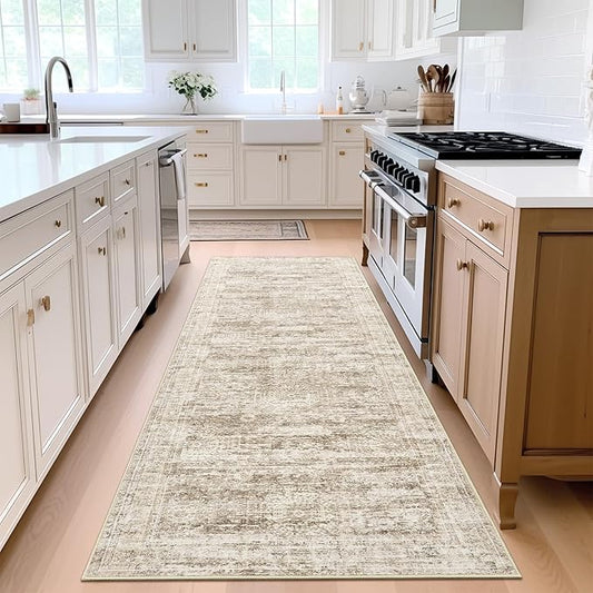 Washable Runner Rug, 2'6" x 8' Non-Slip Kitchen Vintage Foldable Hallway Runners for Entryway, Laundry, Bedroom, Brown